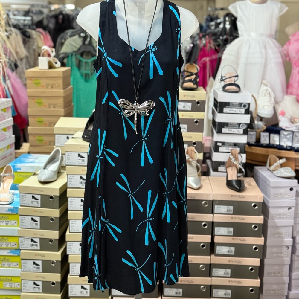 Bamboo Black Midi Dress with Turquoise Dragonfly Motif